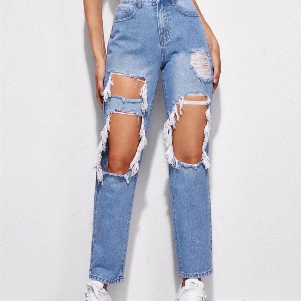 Distressed high rise mom jeans